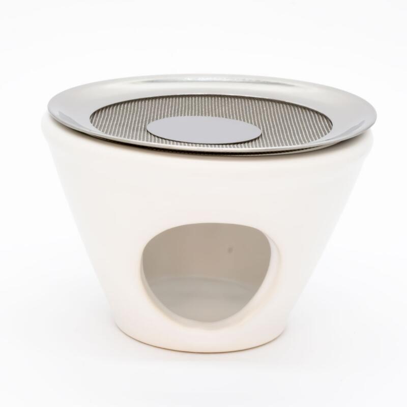 Schlichtes weißes Räucherstövchen mit extra großem Räuchersieb und Metallblättchen "KONUS"