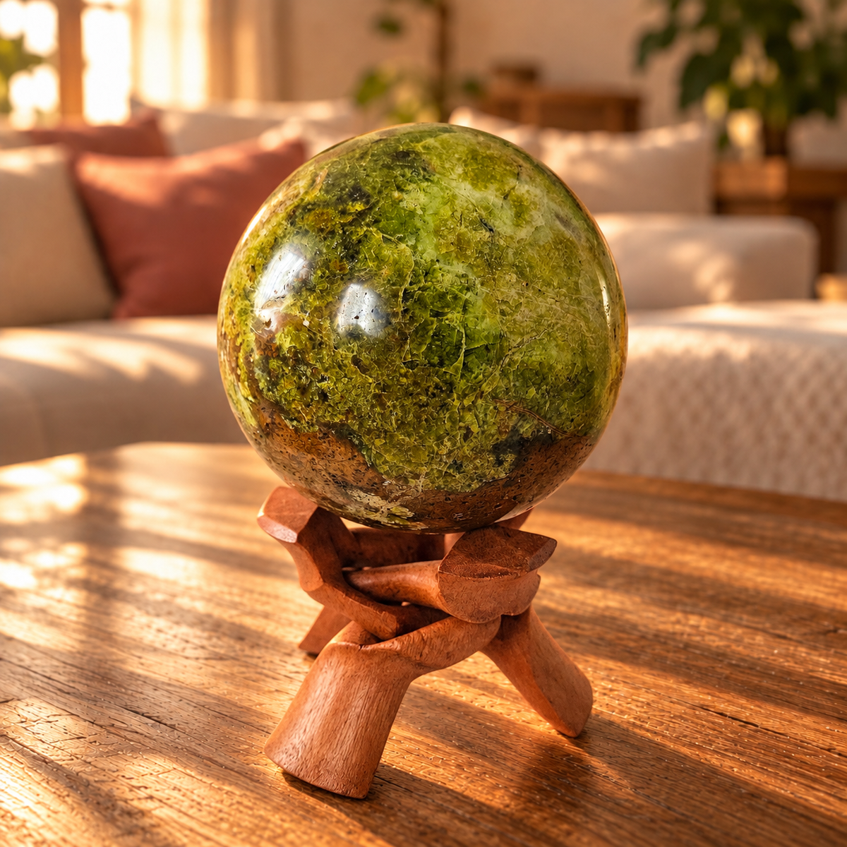 Grüne Opal Kugel auf Holzständer