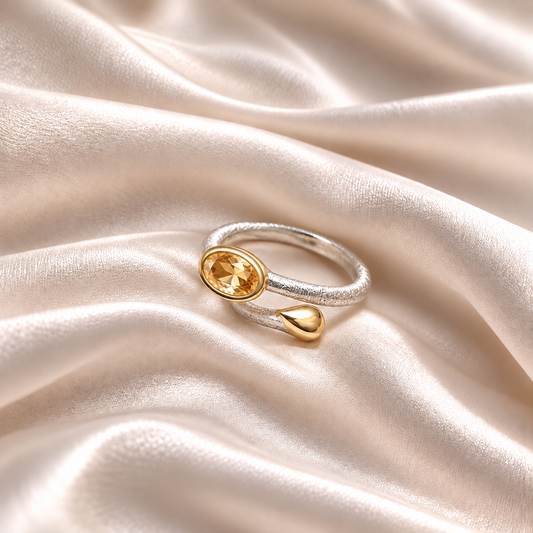 Verstellbarer Ring Capri Oval mit Citrin – 925er Silber, 18 Karat vergoldet