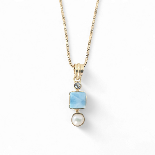 Design-Anhänger mit Larimar, Topas und Perle hochglanzpoliert 925 Silber vergoldet