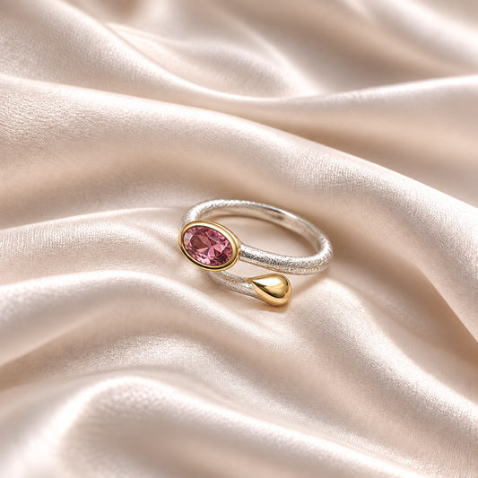 Verstellbarer Ring Capri Oval mit Turmalin – 925er Silber, 18 Karat vergoldet